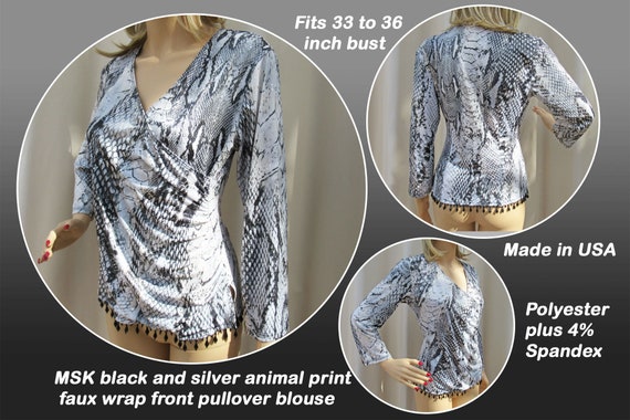 MSK 33 to 36 Bust Pullover Blouse, Sz Small, Black and Silver