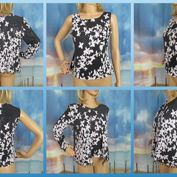 Sz S tank and blouse set, MSK black/white floral print open front blazer & tank, 36 inch bust, Bead + sequin trim, Poly/Spandex, Made USA