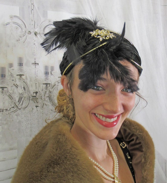 Stretch Headband in Black With Gold, Deco Inspired 1920