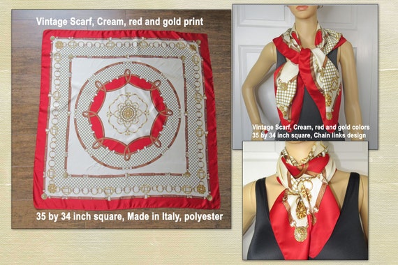 Vintage Scarf, Cream, red and gold print, 35 by 3… - image 1