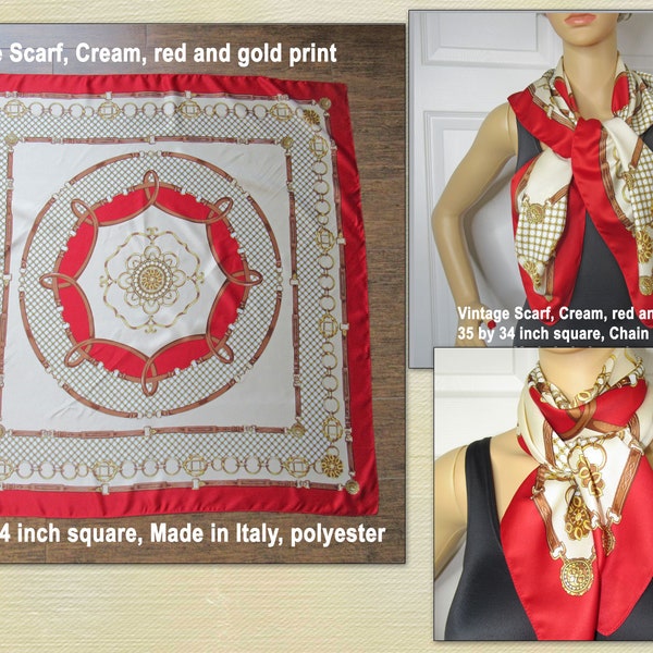 Vintage Scarf, Cream, red and gold print, 35 by 34 inch square, Chain links and medallion design, White background, Made in Italy, polyester