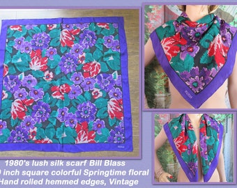 Écharpe en soie luxuriante des années 1980, Bill Blass 30 pouces carré coloré Springtime floral, Bords ourlés roulés à la main, Violet / vert / rouge / blanc / noir