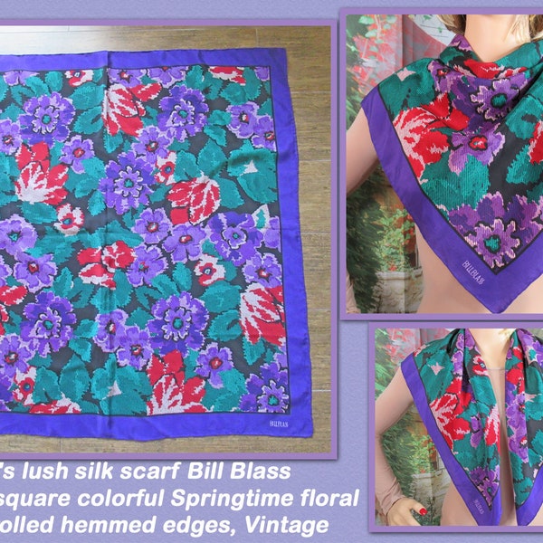 1980's lush silk scarf, Bill Blass 30 inch square colorful Springtime floral, Hand rolled hemmed edges, Purple / green/ red / white / black