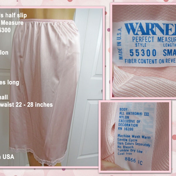 Warner's half slip, Pink nylon 25 inches long, Sz Small, Elastic waist 22 - 28 inches, Perfect Measure logo, Floral lace trim, Made in USA