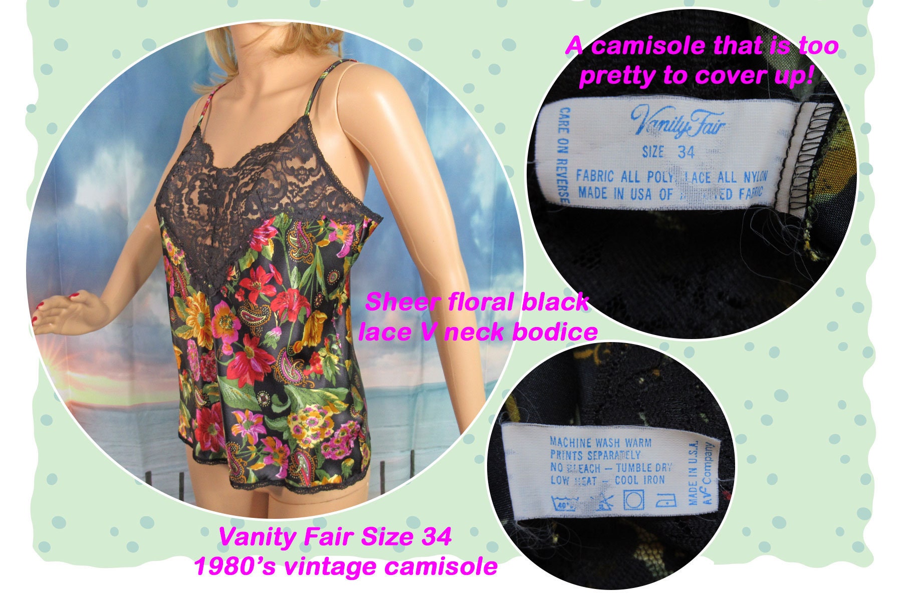 34 Bust Vanity Fair Camisole, Bright Colorful Floral Print on Black  Background, Sheer Wide Black Lace Trim, Adjustable Straps, Made USA VTG 