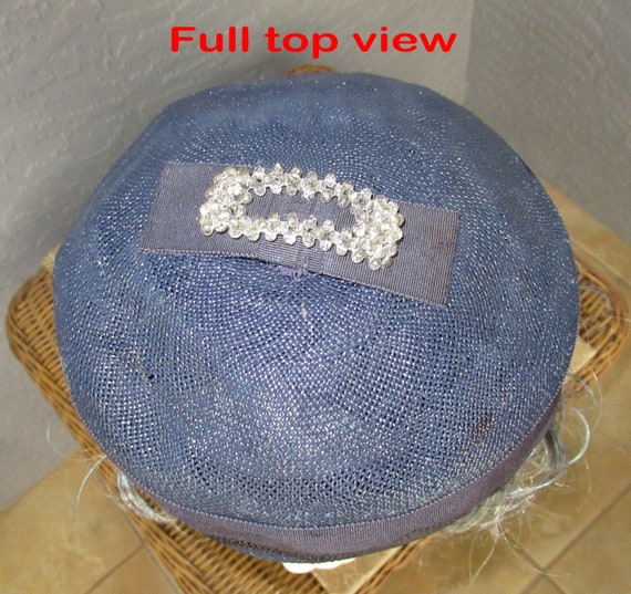 Dark navy blue pillbox hat, Top flat bow w/ clear… - image 4