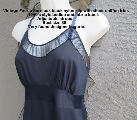 Vintage Faerie SureLock black nylon slip, Sheer ch