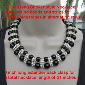 Choker Necklace, Black and Clear Rhinestones, Alternating rows of black round beads with rhinestones, Extender back clasp, Unsigned VTG
