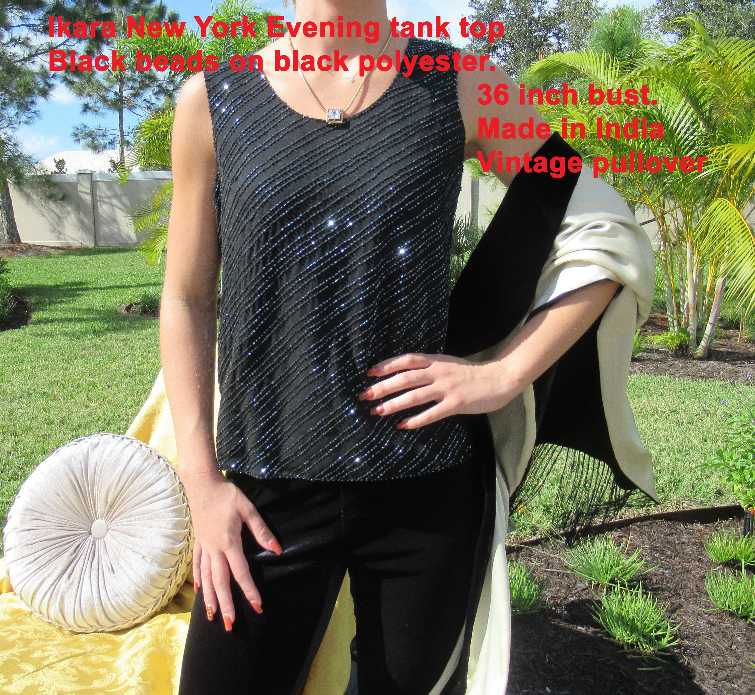 Beaded 36 bust tank top, Ikara New York Evening, Black beads on black polyester, Diagonal rows bugle beads, Made in India, Sleeveless tank