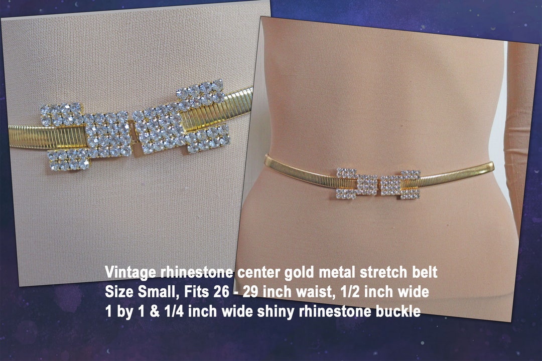 VTG Rhinestone Center Gold Metal Stretch Belt, Sz S, Fits 26 