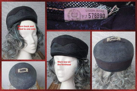 Dark navy blue pillbox hat, Top flat bow w/ clear… - image 9