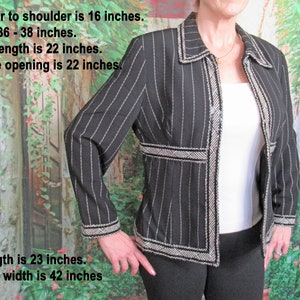 38 bust striped blazer, 1990&#39;s Alberto Makali, Made in USA, Black/white with geometric braid trim, Fully lined, Hook and eye closure front