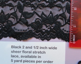 Black 2 and 1/2 inch wide floral stretch lace, Sold by 5 yard piece, Scalloped edge both sides, Headband, Dance / Gymnastics, Lingerie, Etc.