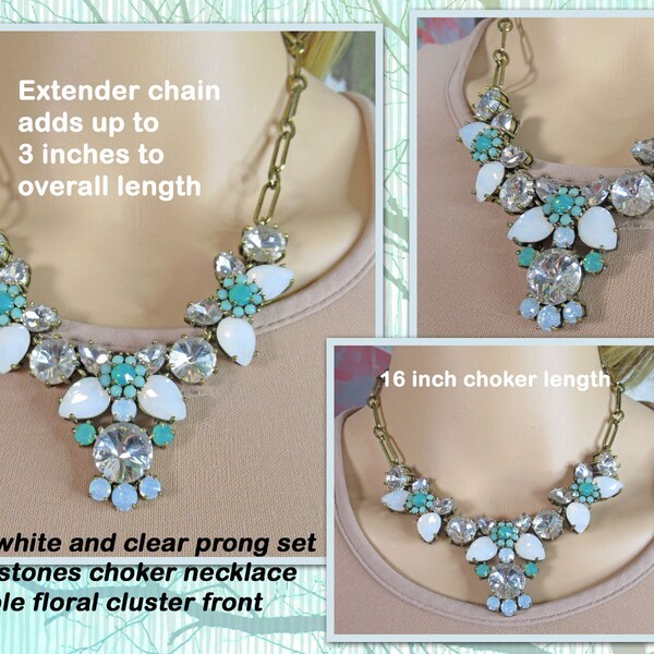 Rhinestones choker necklace, Triple floral cluster front, Teal/ white/ clear prong set beads, Spring ring back clasp, Extender chain, VTG