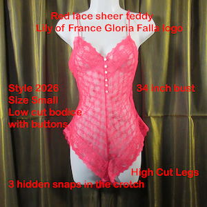 34 bust sheer teddy, Lily of France Gloria Falla logo, Red lace, Style 2026, Sz Small, Low cut w/ buttons, High Cut Legs, Spaghetti straps