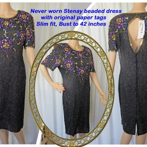 May include: A black beaded dress with gold, blue, and pink sequins. The dress has a keyhole back and is labeled "Stenay". The dress is never worn and has original paper tags. The dress has a slim fit and a bust size of 42 inches.