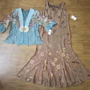 38 bust dress & kimono, Violet Kay Boho Chic, Original paper tags attached, Lace jacket, Sleeveless long dress, Sz S, Made USA, Mocha/blue