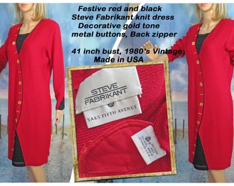 41 bust Steve Fabrikant knit dress, Festive Red! Decorative gold tone metal buttons, Black trim, Long sleeve, Back zipper, Saks label, VTG