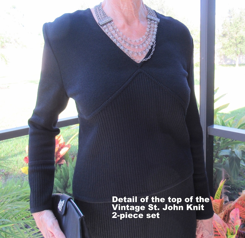 37 inch bust 2 piece ribbed knit all black set Long sleeves V-neck waist length sweater ShoptoSave Vintage St John Marie Gray Skirt 39