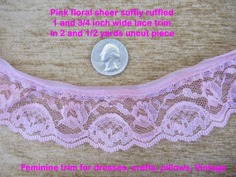 2.5 Yards Sheer Softly Ruffled Lace Trim, Pink Floral, 1 and 3/4 Inch ...