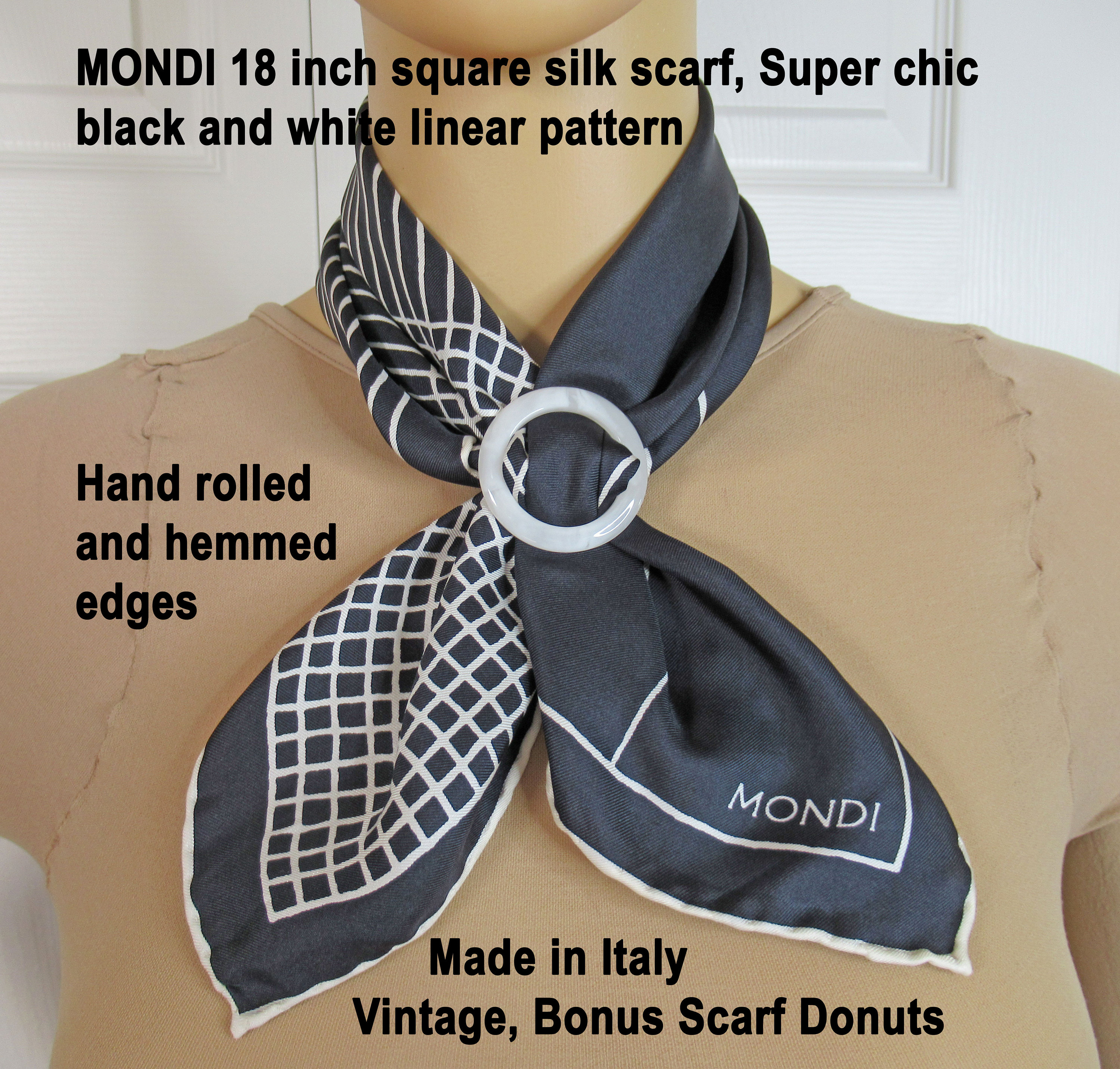 MONDI 18 Inch Square Silk Scarf, Classic Black and White