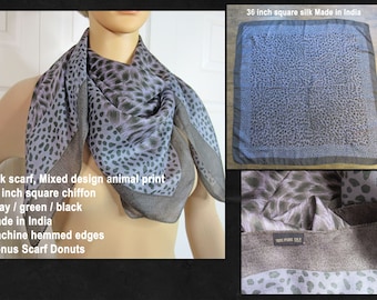 Silk scarf, Mixed design animal print, 36 inch square chiffon, Gray / green / black, Made in India, Machine hemmed edges, Bonus Scarf Donuts