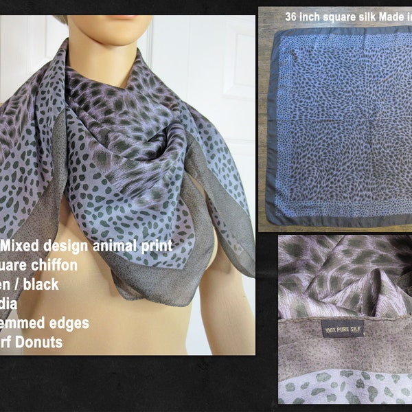 Silk scarf, Mixed design animal print, 36 inch square chiffon, Gray / green / black, Made in India, Machine hemmed edges, Bonus Scarf Donuts