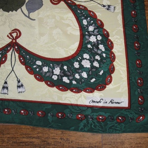 Ashear square scarf, 34 x 33 inch Made in Korea, Lush thicker fabric, Cream, green, red, gray, A Statement scarf! Bonus Scarf Donuts, VTG