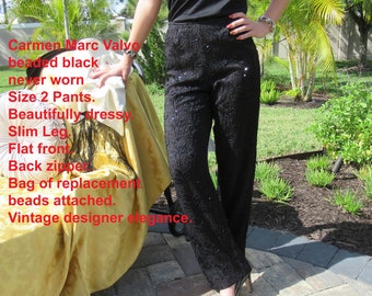 Sz 2 Pants, Carmen Marc Valvo beaded black, Never worn, Beautifully dressy, Slim Leg, Flat front, Back zipper, Bag of replacement beads, VTG