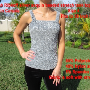 Sz 4 Joseph Ribkoff tank top, silver sequin beaded stretch, Made in Canada, Nylon/Polyester/Spandex, Stretches to 38 inch bust, Wide straps