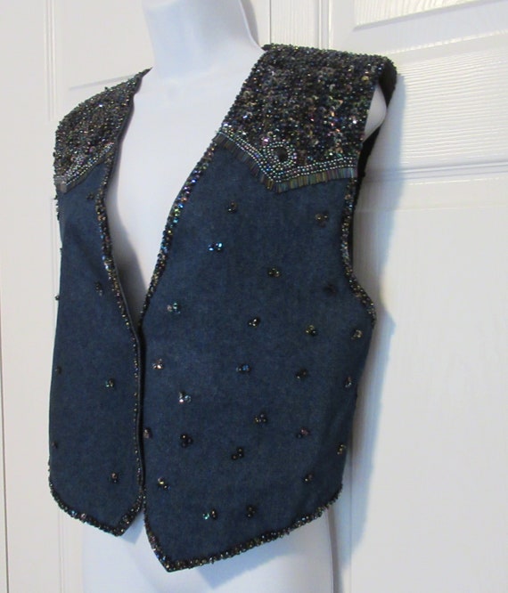 Sz M/L Denim beaded Vest, Inspired by Western Cow… - image 2