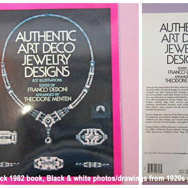 Paperback 1982 book, Authentic Art Deco Jewelry Designs, Franco Deboni and Theodore Menten, Black & white photos/drawings from 20s portfolio