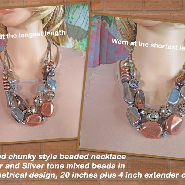 2 strand beaded necklace, 20 inches plus 4 inch extender chain, Chunky style copper/Silver tone mixed beads, Asymmetrical design, VTG