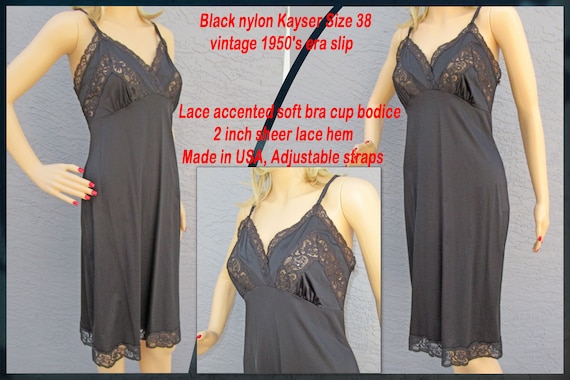 Kayser Sz 38 Slip, 1950's Lace Accented Soft Bra Cup Bodice, 2 Inch Sheer  Lace Hem, Black Nylon Knee Length, Made in USA, Adjustable Straps -   Canada
