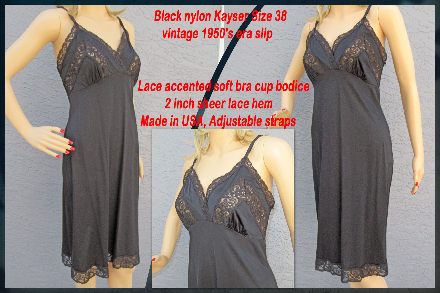 Kayser Sz 38 Slip, 1950's Lace Accented Soft Bra Cup Bodice, 2 Inch Sheer  Lace Hem, Black Nylon Knee Length, Made in USA, Adjustable Straps 