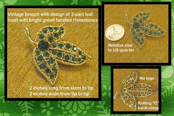 明るいグリーンのラインストーンの葉のブローチ。聖パトリックの日や