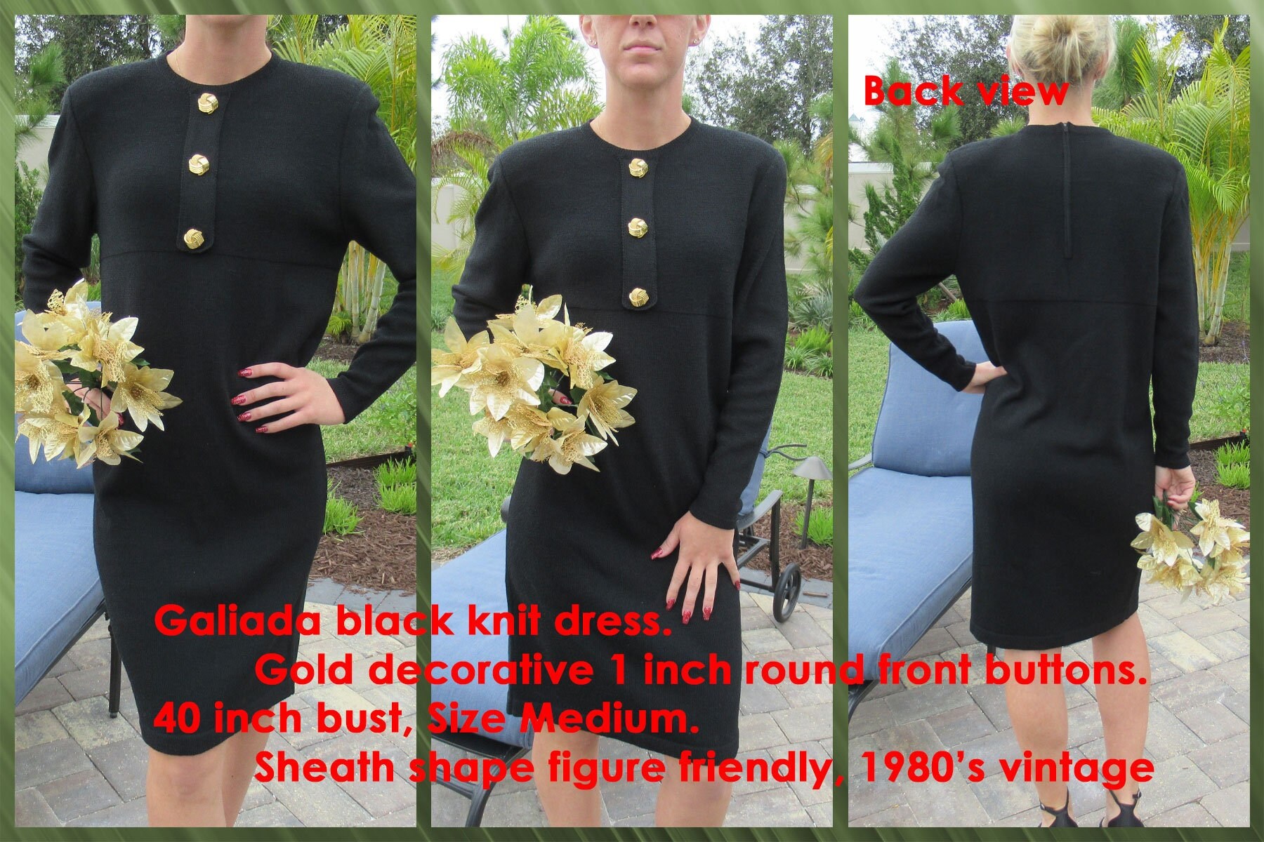 40 Inch Bust Knit Dress Galiada Black W Gold Decorative 1 Inch Round Front Buttons Sz MED Sheath Figure Friendly 1980s Shoulder Pad Etsy