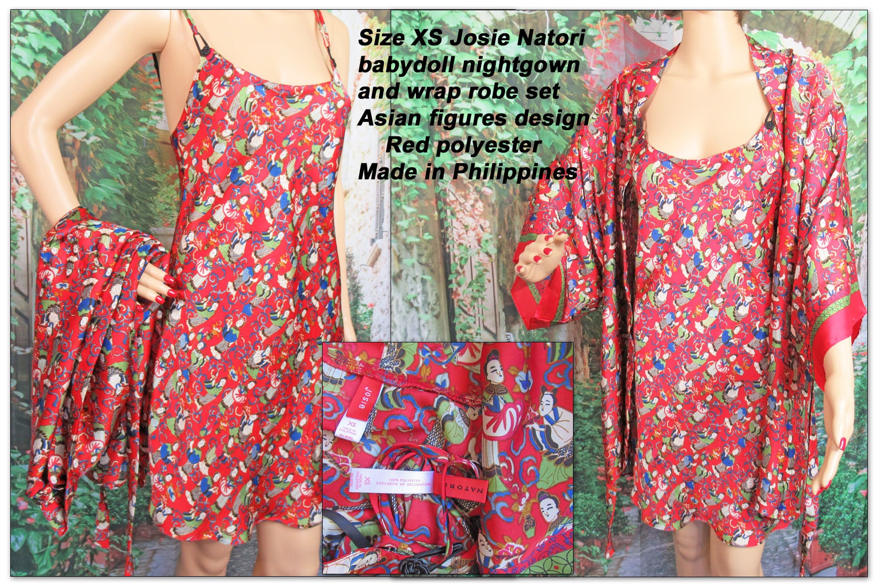 Sz XS Josie Natori Babydoll Nightgown and Wrap Robe Set Spaghetti Strap Asian Figures Design Low Cut Red Polyester Made in Philippines Etsy