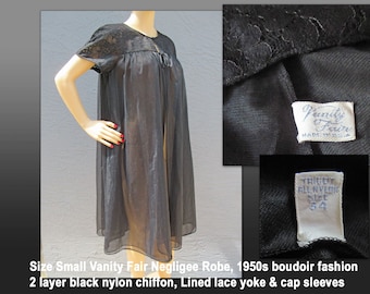 Sz Small Vanity Fair Negligee Robe, 1950s boudoir fashion, 2 layer black nylon chiffon, Lined lace yoke & cap sleeves, Open front w/ ties