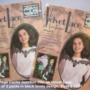 May include: Two packages of black iron-on velvet lace trim. The packaging features a woman wearing a pink shirt with the lace trim on the neckline. The text on the packaging reads "Iron-on Velvet Lace Cache Junction" and "Believe it! It's better than lace! It's incredible! It's indestructible! Easy to apply! Easy care! Dimensional! Soft!"  Style 9-2001.