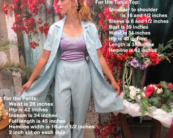 38 bust Escada pant set, Tunic length button front jacket & slim pants, Soft teal linen, Short sleeve 39 inch bust blazer, Designer VTG