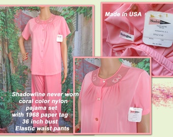 Sz S nylon pajama set, 1968 paper tag, Sheer yoke, Short sleeve, 36 bust, Elastic waist pant, Shadowline never worn coral color, Made USA