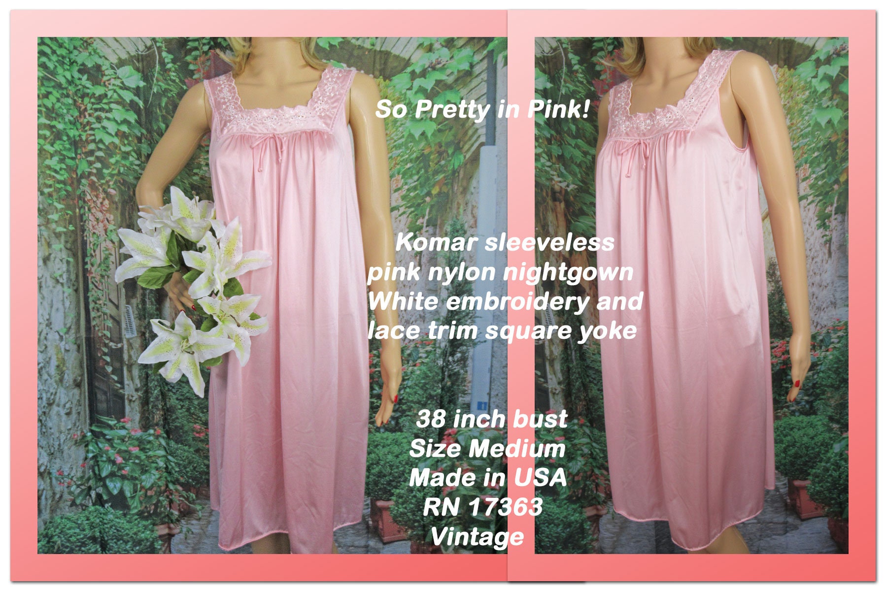 Sz MED Komar Nightgown, Sleeveless Pink Nylon, Knee Length
