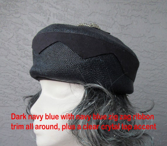 Dark navy blue pillbox hat, Top flat bow w/ clear… - image 8