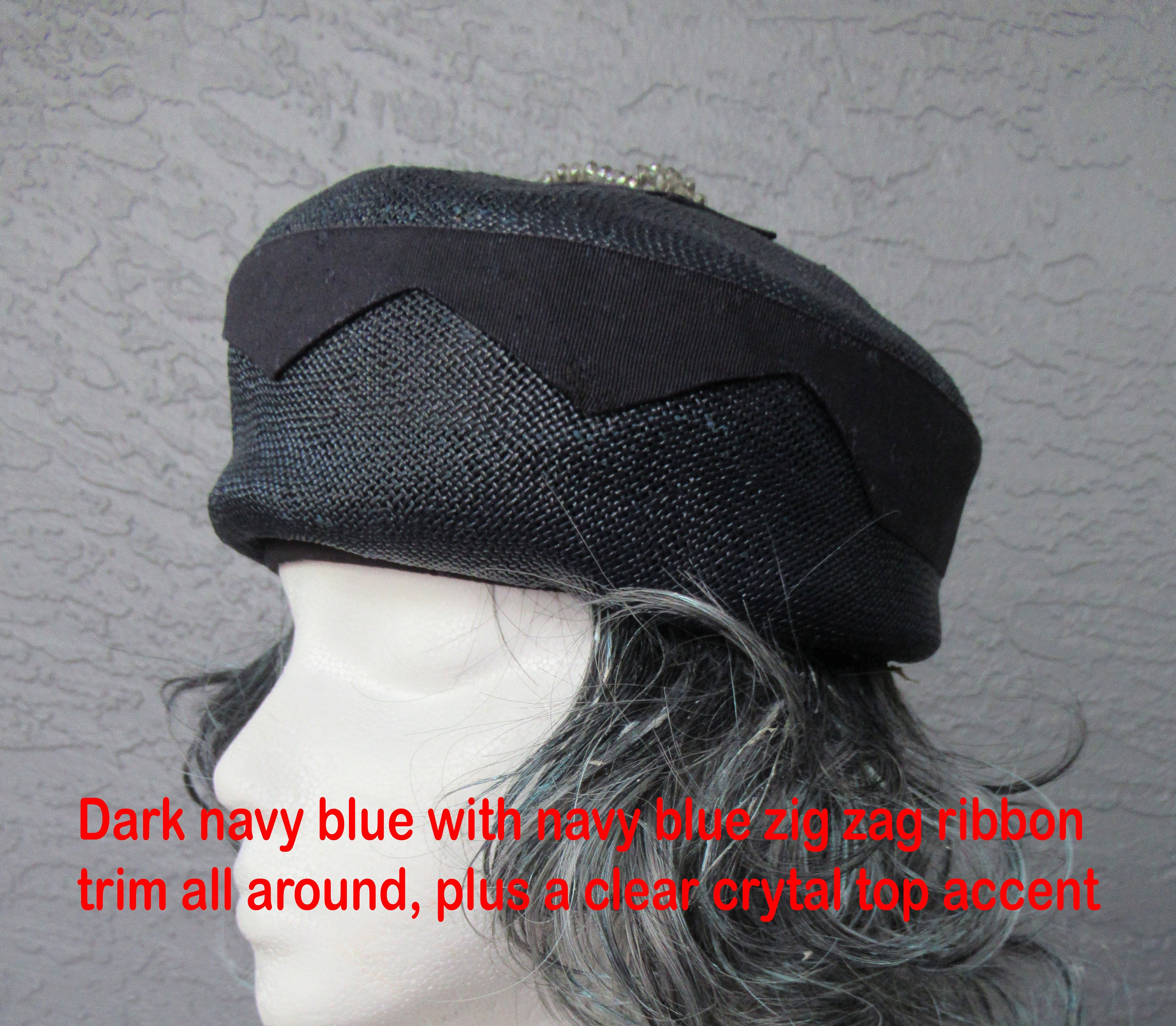 Dark Navy Blue Pillbox Hat, Top Flat Bow W/ Clear Crystals