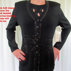 Black Sz 4 St John Evening Marie Gray never worn blazer w/ bag of button/beads, Crystal button front, V neck, Paillette trim, Glam SJK VTG