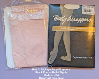 New in Package Body Wrappers Sz L Footed Ballet Tights, Made in USA, Theatrical Pink color Style A20