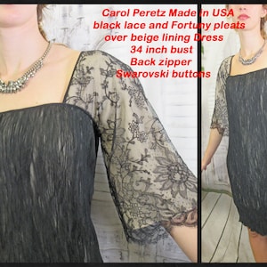 34 bust party dress, Carol Peretz Made in USA black French lace & micro pleats, Beige lined, Lace square neck, Back zip, Swarovski buttons