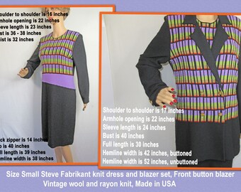 Sz Small Steve Fabrikant knit dress & blazer set, Black, Multicolor geometric front design, Long sleeves on both, Front button blazer, VTG