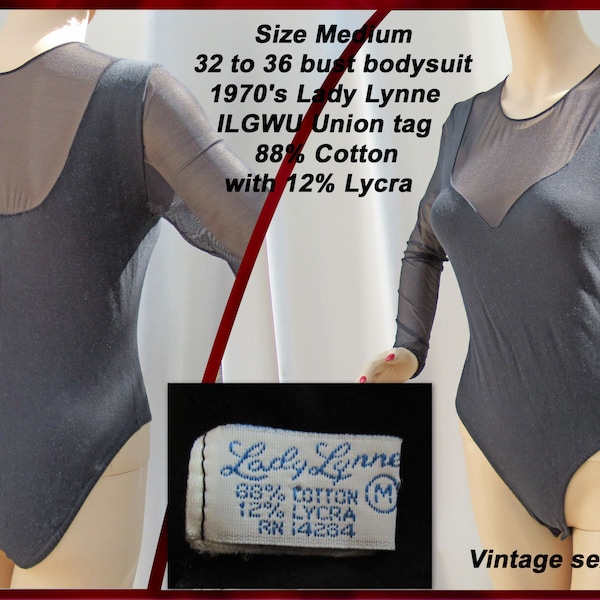 Sz MED 32 to 36 bust bodysuit, Sheer low cut top. Sheer long sleeves, 1970's Lady Lynne, ILGWU Union tag, Black, Cotton with 12% Lycra, VTG